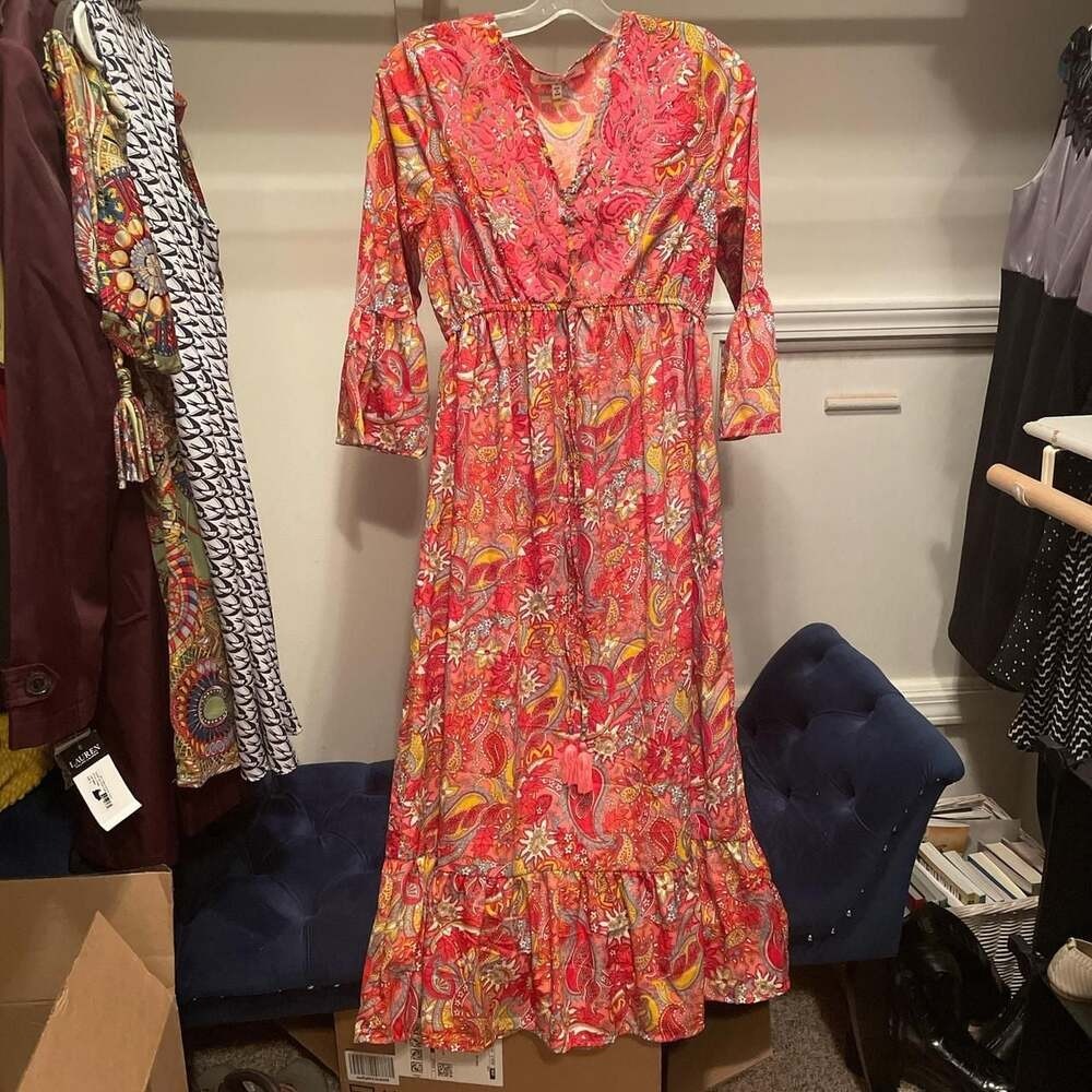 Harlow & Rose Elegant Floral Long Sleeve Maxi Dress, Pink Yellow Paisley, S